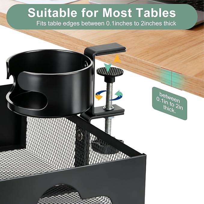 MYITYARD Desk Cup Holder Clamp, Anti-Spill Clip On Table Cup Holder with Rotation Drawer Organizer, Under Desk Storage Box Drink Holder for Desk Attachment, Gaming Desk Accessories for Office Home