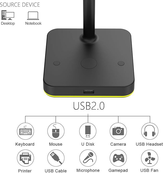 KAFRI RGB Headphone Stand with USB Hub Desk Gaming Headset Holder Hanger Rack with 1 USB2.0 Extension Charging Port Extender Cord - Suitable for Gamer Desktop Table Game Earphone Accessories, Black