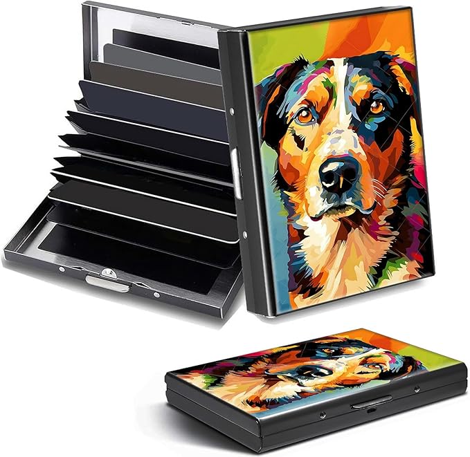 Credit Card Holder, Art Colorful Painting Dog Design Mini RFID Blocking Aluminum Wallet Slim Metal Hard Case Shell Travel Wallet ID Case Small Credit Cards Case Business Cards for Women Men