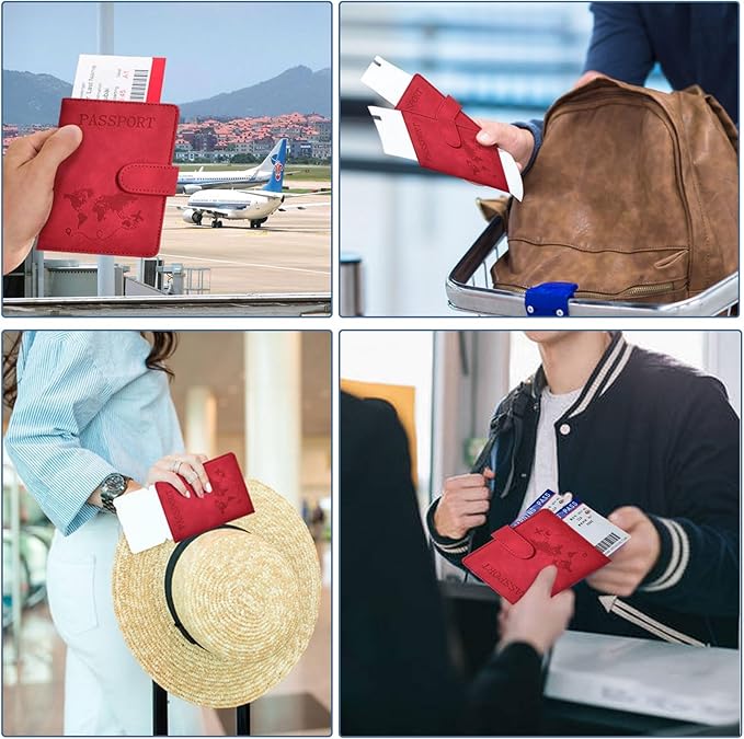 Passport Holder, Passport Cover with Credit Card Slot and Boarding Pass Slot Combo, Passport Wallet Case Book Travel Must Have, RFID Blocking Leather Travel Accessories, Red