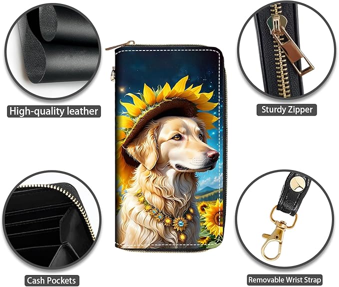 Cute Dog and Sunflower Print Women Large Capacity PU Leather Zip Around Wallet, Multifunctional Clutch Purse for Cash/Card/Coin/Smart Phone
