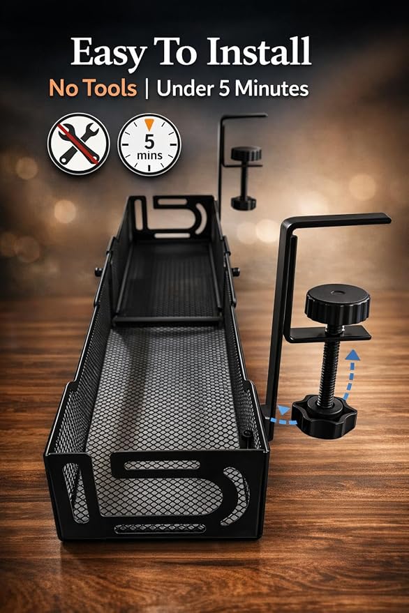 Under Desk Cable Management Tray – 25” Metal Cable Organizer with Clamp Mount, No Drill Wire Management Rack for Office & Home Desk (Black)