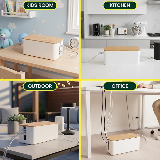 Cable Management Box, 7 Holes, 12x5x4.5 inches, Wooden Lid Cable Organizer Box for Desk to Hide Power Strips, Tv Wires, ABS Material Cord Cover (2 Holes)