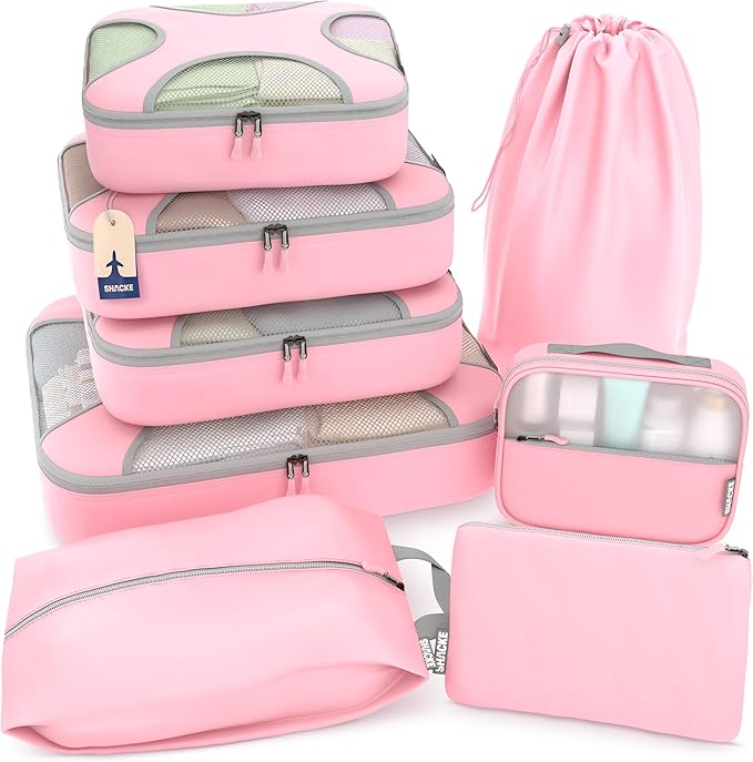 Shacke Packing Cubes for Travel 8 Set - Premium Luggage Organizer Bags - Versatile Travel Organizer for Women and Men - Optimized Packing Bags - Travel Essentials (Summer Pink)
