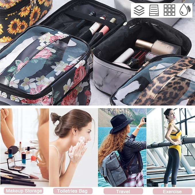FITINI 3 Pieces Makeup Bags Double Layer Travel Large Cosmetic Cases Organizer Toiletry Bags Waterproof Small Zipper Pouch for Women Makeup Brush Storage Bag,Pink