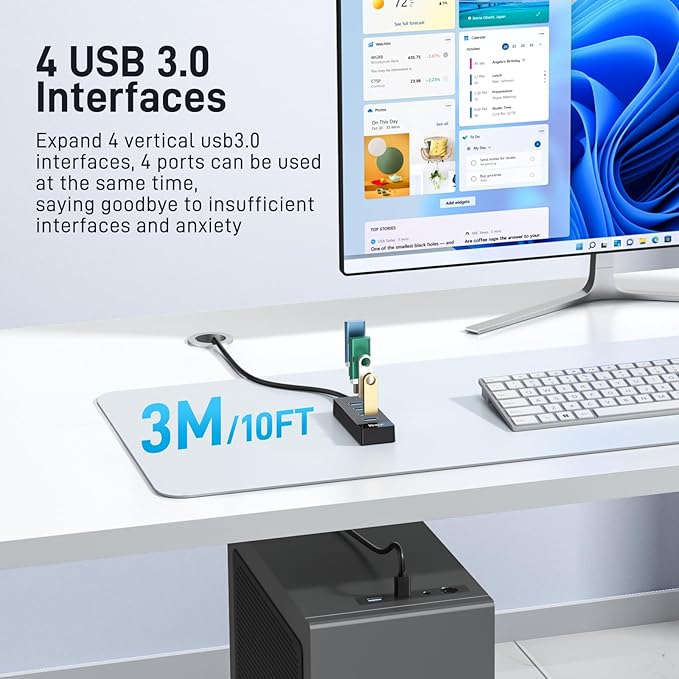 4 Port USB 3.0 Hub 10FT Long Cable with 5 Gbps & 5V USB-C Power Supply for Laptop Desktop PC – USB Hub Splitter Extender Expander Compatible with Mac, Windows