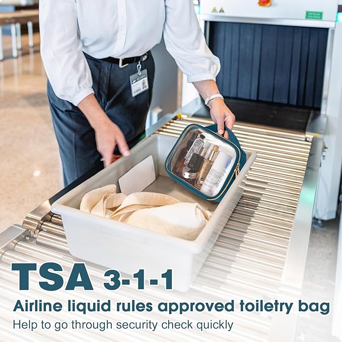 Wedama TSA Approved Toiletry Bag, 4 Pack Clear Makeup Bags with Handles, Quart Size Clear Toiletry Bags, PVC Cosmetic Bags for Women and Men, Carry on Airport Airline Compliant Bag, Til Blue
