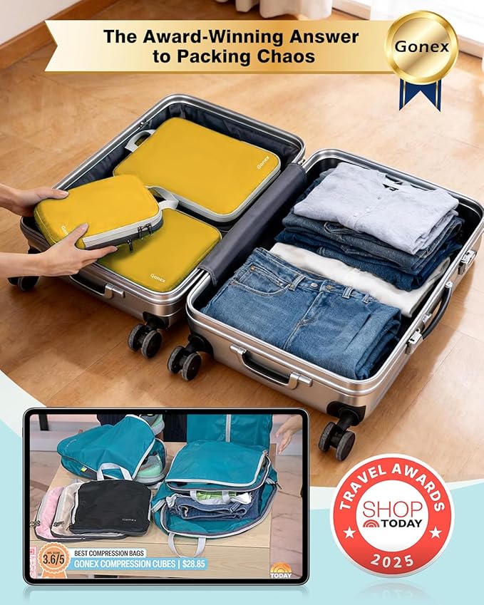 Gonex Compression Packing Cubes, 4pcs Expandable Storage Travel Luggage Bags Organizers (Apricot)
