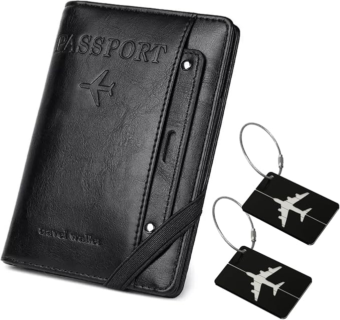Passport Holder for Travel ，with 2 Luggage Tags,RFID blocking Passport Cover Wallet for Women Men, Waterproof PU Leather passport Book Card Holder Case Organizer Travel Essentials (Black)