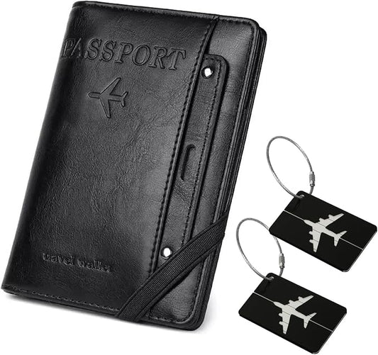 Passport Holder for Travel ，with 2 Luggage Tags,RFID blocking Passport Cover Wallet for Women Men, Waterproof PU Leather passport Book Card Holder Case Organizer Travel Essentials (Black)