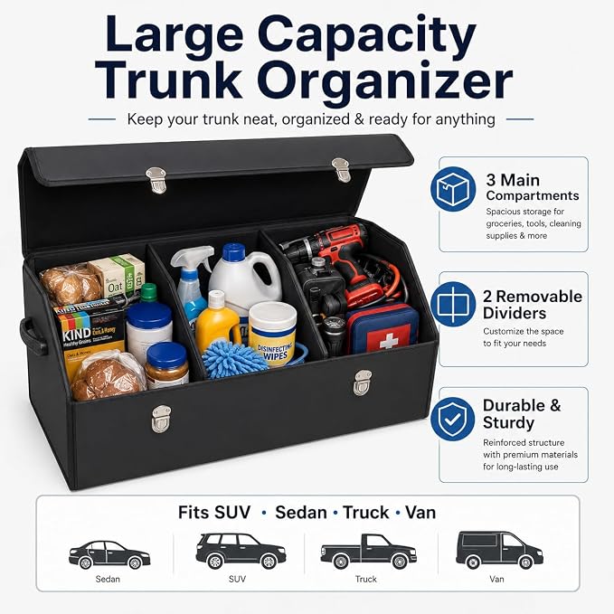 Car Trunk Organizer with Lid,Foldable Faux Leather Cargo Storage Box,3 Compartments,Collapsible Multi-Functional for SUV,Sedan,Vehicle Trunk, Black
