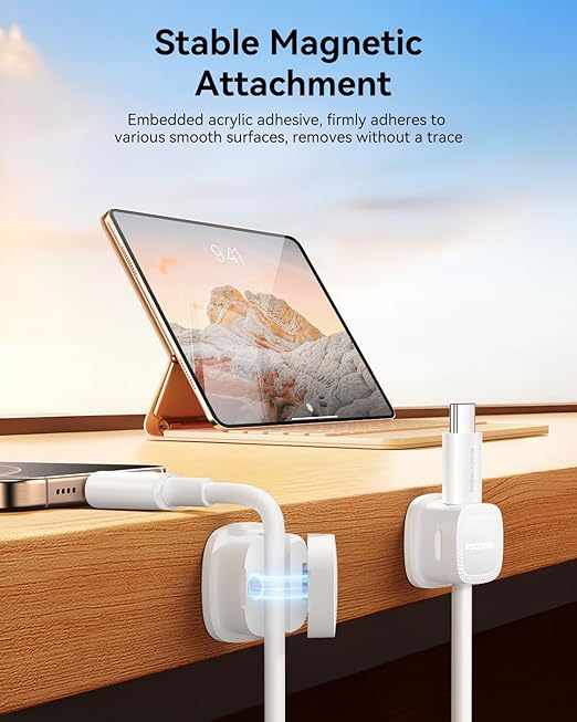 6-Pack Magnetic Cable Clips, Rocoren Smooth Adjustable Adhesive Cord Organizer, Desk Cable Management Wire Holder Keeper Cables Staples for Nightstand Home Office Desk Car Phone Wall Desktop