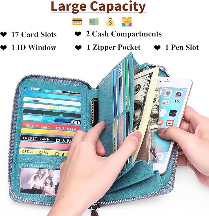 SENDEFN Leather Women's Wallets RFID Blocking Zip Around Large Capacity Long Credit Card Holder Wallet