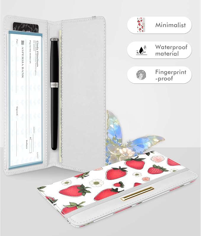Printed Checkbook Cover, RFID Blocking Checkbook, Stylish, Lightweight, Slim Durable, Multi-Functional Checkbook Holder for Personal and Business Checks (Strawberry)
