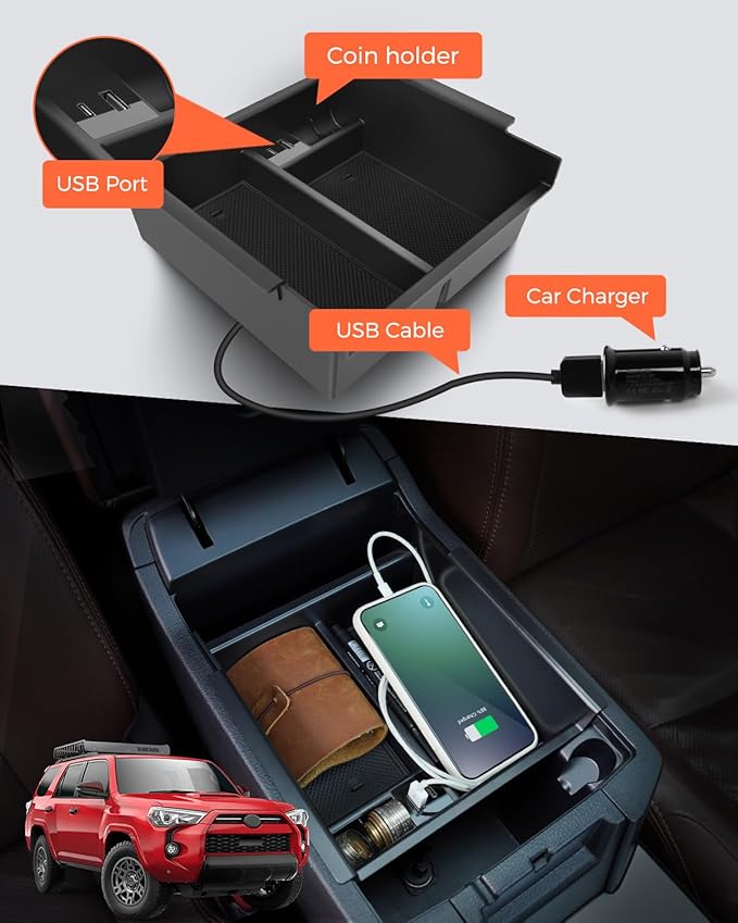 DrCarNow Upgrade for Toyota 4Runner Center Console Organizer Tray with USB Port 2010-2023 2024, Secondary Insert Storage Armrest Box ABS Black Materials for 4Runner 2010-2024 5th Gen Car Accessories
