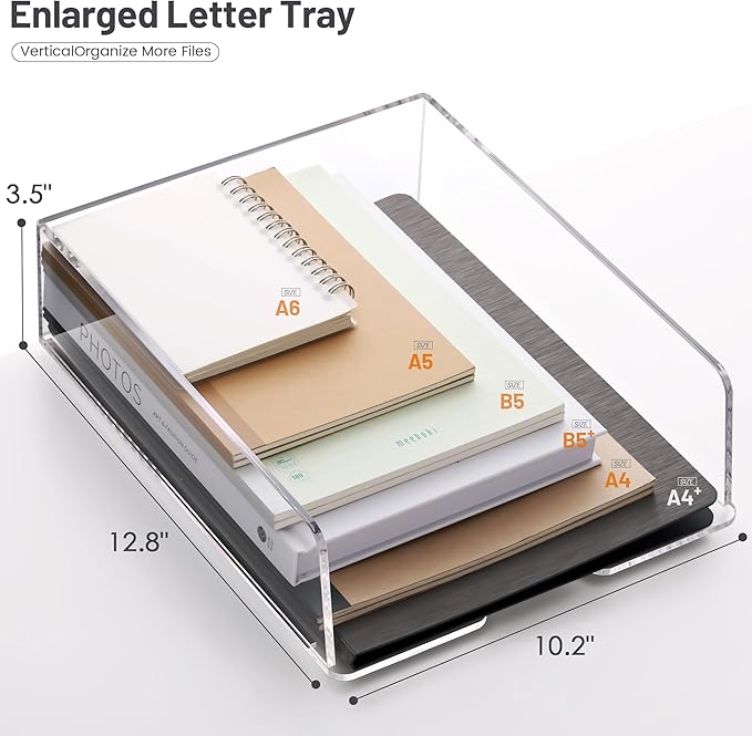 HeZone Enlarged Letter Paper Tray - Clear Acrylic Desk Organizers for Document Organization and File Storage - Stackable Office Accessories - 2 Pack (Large Tray V)