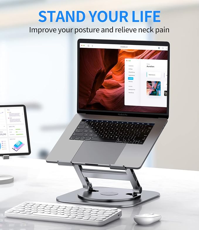 AOEVI Adjustable Laptop Stand with 360 Rotating Base, Stable Computer Stand for Laptop Ergonimic Foldable Laptop Riser for Desk Compatible with MacBook Pro/Air Notebook up to 16 Inches, Grey