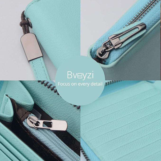 Bveyzi Women RFID Blocking Wallet Leather Zip Around Phone Clutch Large Capacity Ladies Travel Purse Wristlet | RFID Blocking, Zip Around, Large Capacity