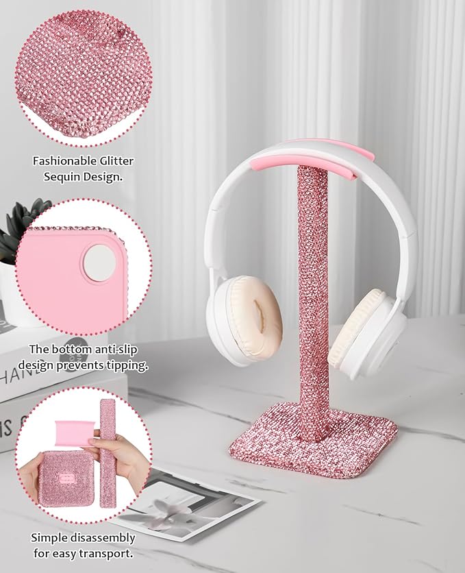 Luxury Rhinestone Headphone Stand – Cute Crystal Headset Holder for Gamer Girl Desk Setup – Bling Kawaii Desk Accessories with Soft Headrest – Aesthetic Gift for Daughter & Girlfriend (Pink)