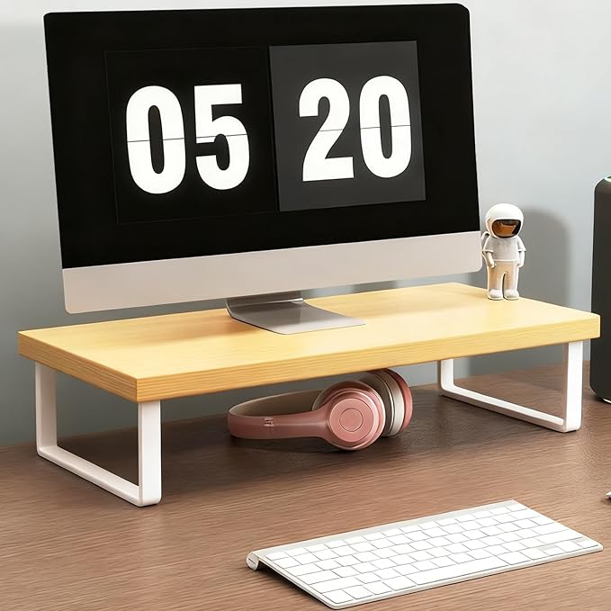 Stable Wood Computer Monitor Stand for Desk Organizer, Anti-slip Computer Riser Monitor Shelf for PC Laptop Notebook Home & Office (Brown)
