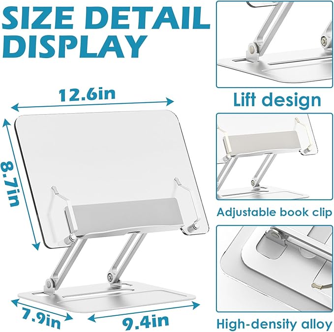 Acrylic Adjustable Book Stand, Reading Stand with Lift Design, High-Density Alloy Desktop Document Holder for Document Recipe, Cookbook, Music Book (Silver)
