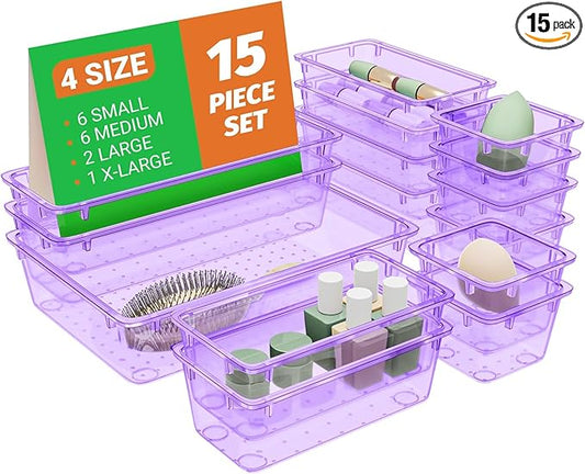 SpaceHacks 15 PCS Clear Plastic Drawer Organizer Set, 4-Size Acrylic Drawer Storage Trays, Storage Bins for Makeup, Gadgets, and Jewelry in Bathroom, Bedroom and Office, Clear Purple