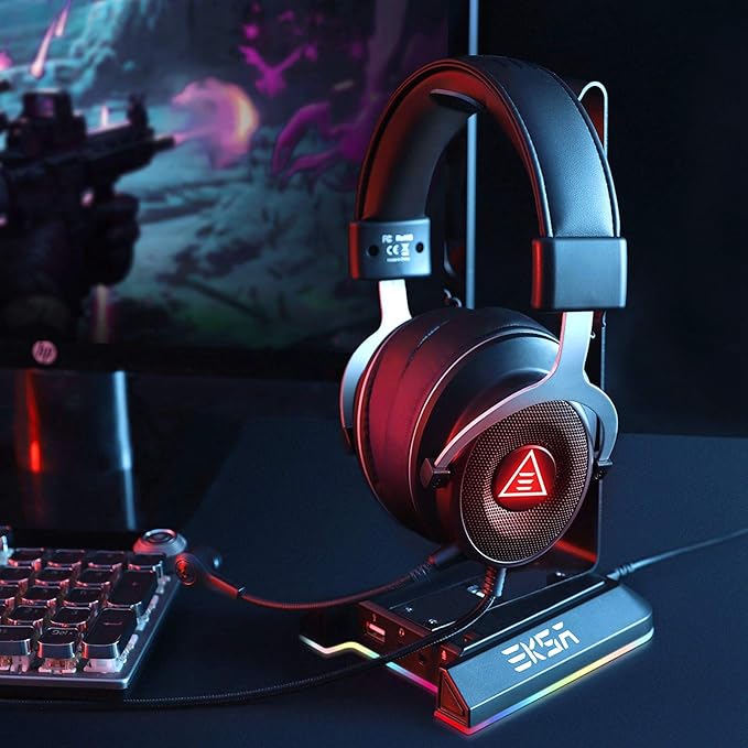 EKSA Headphone Stand, RGB Gaming Headset Stand for Desk with 7.1 Surround Sound, Headphone Holder with 3.5mm Aux and 2 USB Ports, Aluminum PC Gamer Headset Accessories for All Headphones Size
