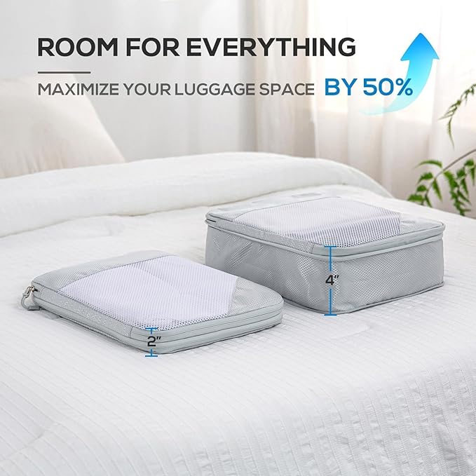 Compression Packing Cubes, 7 Set Packing Cubes for Travel Compression, Lightweight Compressible Package Organizer for Carry On and Suitcases, Light Grey