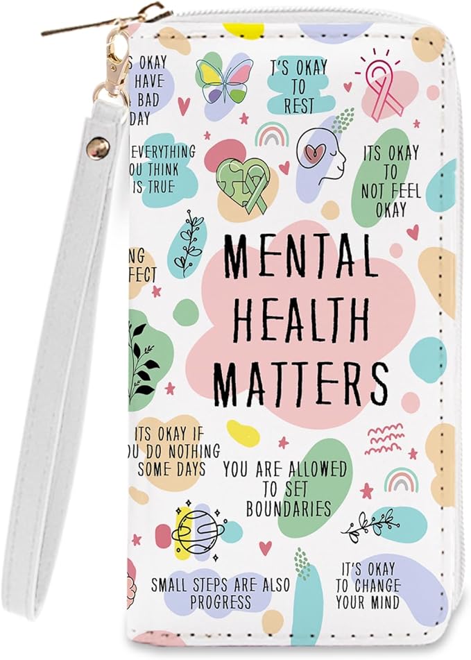 Mental Health Awareness Wallet for Women - Slim PU Leather Wallet with Inspirational Quotes, Cash Zipper Coin Purse, Small Card Holder Travel Wallet, Wristlet Wallets for Teen Girls (Self-Care Gift)