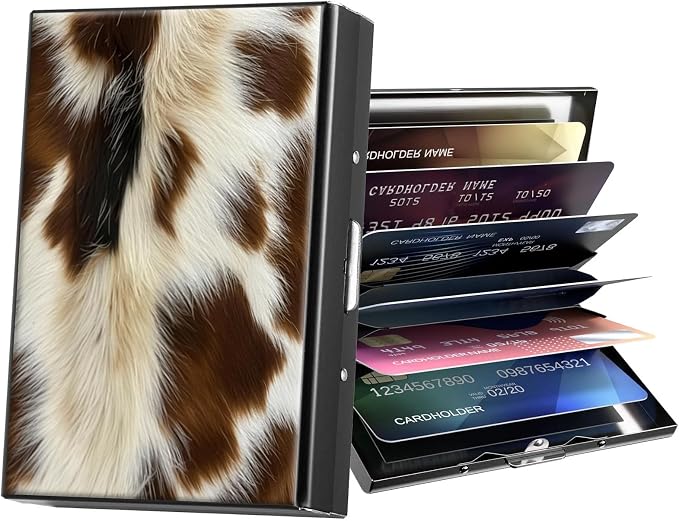 Metal Wallet,Credit Card Holder for Women Men,RFID Blocking Card Holder Wallet Mini Slim Aluminum Wallet ID Case Hard Card Case Business Card Holder Case,Brown White Fur Print