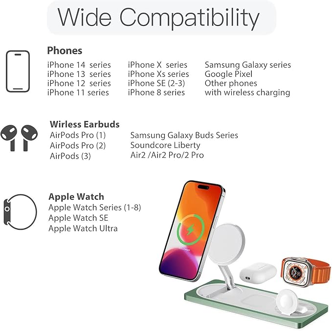 3-in-1 Charging Station for Apple Devices: Used for iPhone and Watch Charging Station with Magsafe Charger Stand, Wireless Charger for iPhone 17 Air 16 15 14 13 Series, Apple Watch Ultra, AirPods Pro