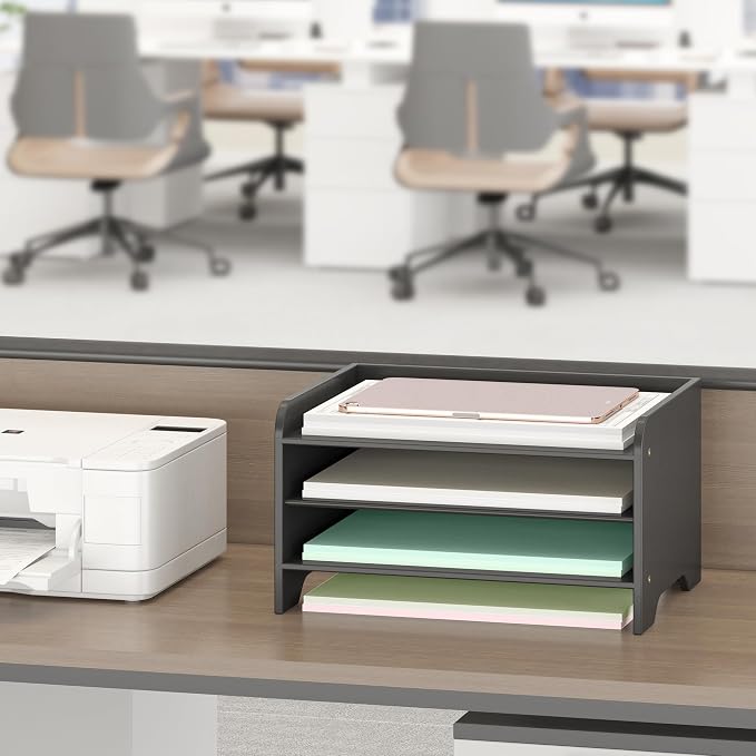 Desk File Organizer 4-Tier Desktop Paper Mail Organizer Document Holder for Home Office Supplies, Office Desk Accessories & Workspace (Black)