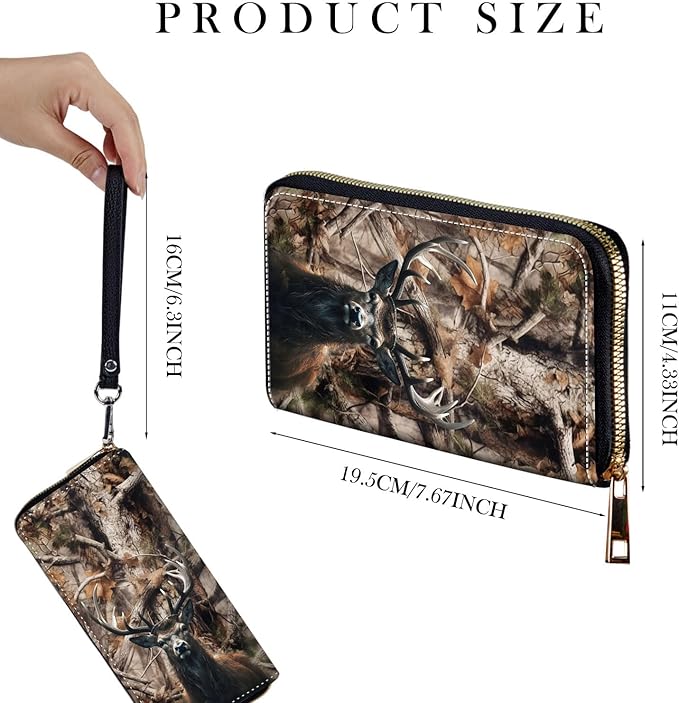 Zip Around Wallets for Women with Detachable Wrist Strap, Large Capacity RFID Blocking Leather Purse Organizer Card Holder Wristlet,Camo Forest Deer