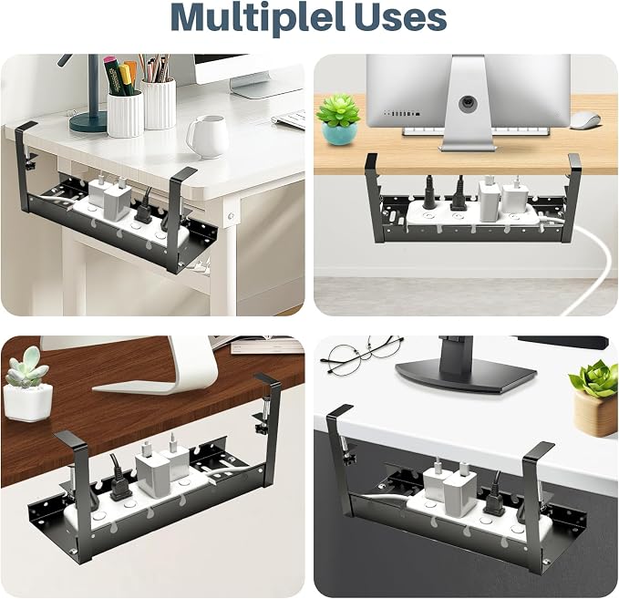 Under Desk Cable Management Tray, No Drill Clamp Mount, Metal Cord Organizer for Desk, Wire Management Rack for Home Office and Standing (Black)