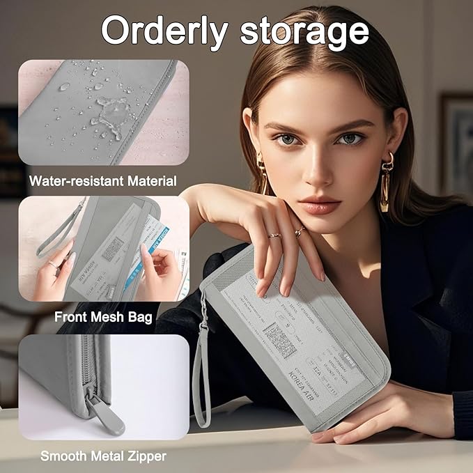 Passport Holder for Travel, Rfid Blocking Passport Wallet Travel Documents Organizer, Waterproof Family Passport Holder with Wrist Strap for Men & Women, Grey