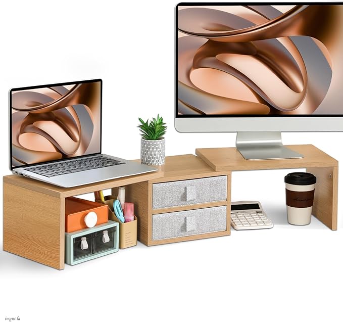 TEAMIX 42 inch Dual Monitor Stand Riser with 2 Drawers- Length and Angle Adjustable 3 Shelf Riser with Storage Desk Organizer Computer Monitor Stand for 2 Monitors/Laptop/PC,Screen/TV Stand Riser