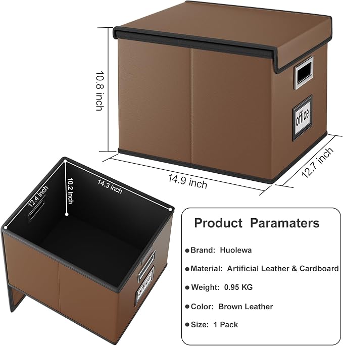 Faux Leather File Organizer Box with Lid, Collapsible Hanging File Folder Box Organizer with Plastic Slides, Decorative Home/Office Filing System Boxes for File and Folder Storage-Brown