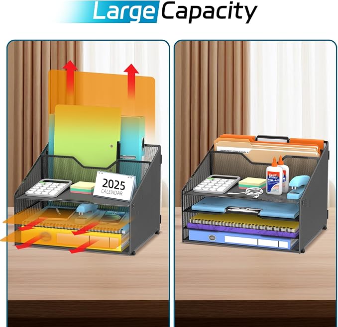 Desk File Organizer, 4 Letter Trays and 2 Upright Sections, Black | Paper organizer for desk with tiered letter trays and upright file sections for home office, school and workspace use