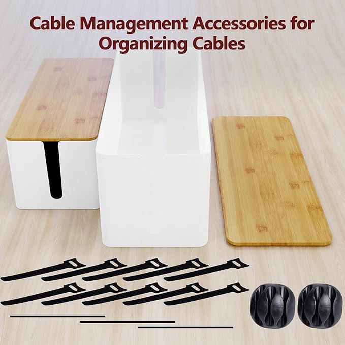 Cable Management Box,2 Pack Wooden Style Large Cable Organizer Box for Office and Home,Cable Organizer Box with Proof Lock for Baby-Pets,Wood Lid（White,2 Pack