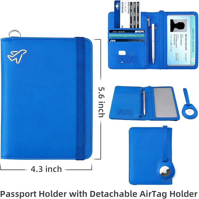 WALNEW AirTag Passport Holder, PU Leather Airtag Wallet RFID Blocking Passport Cover Travel Essentials Case for Women Men (Blue)