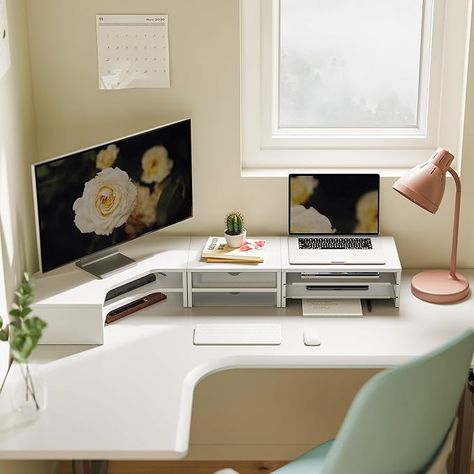 Fenge Dual Monitor Stand, Corner Monitor shelf with Drawer and Slide-Out Tray, 2 Tier Triangle Monitor Riser with Storage, Desk Shelf Organizer for Desk, Home Office, Computer, Laptop, Printer