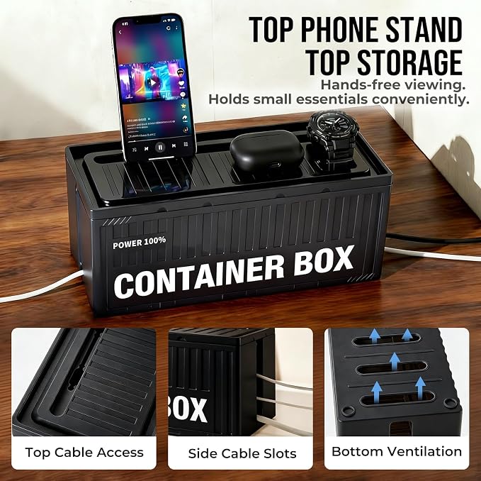 NEXIL Cable Management Box - Cord Organizer Box to Hide Power Strips & Cables, Industrial Desk Cable Organizer with Retro Metal Storage Tin, Black