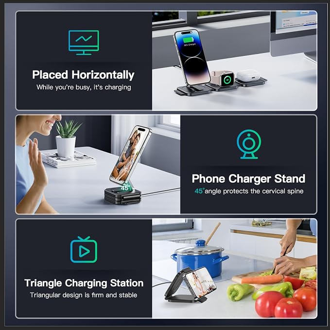 JARGO 3 in 1 Wireless Charging Station for Apple Devices, Foldable iPhone Charging Station for iPhone 17/16/15/14/13/12, Apple Watch & AirPods with Magsafe (Magnetic Black)