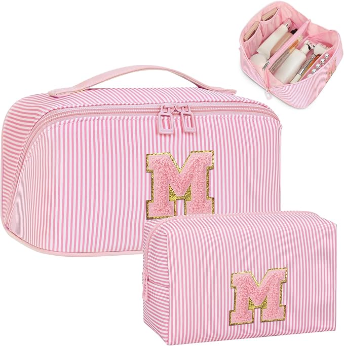 Initial Makeup Bag, Portable Water-resistant Monogram Cosmetic Bag Set, Travel Toiletry Bag with Brush Holder, Personalized Gifts for Friend Teacher Mom Wife, Pink M