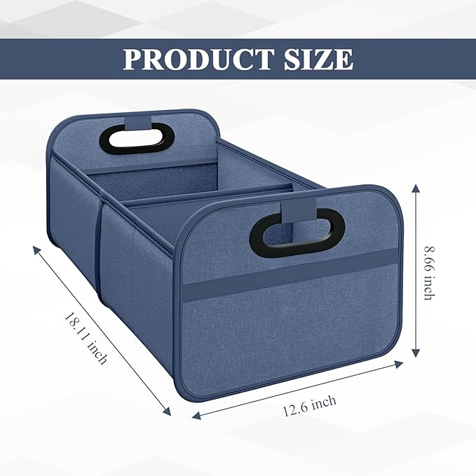 Car Trunk Organizer, Foldable Car Trunk Storage Box with 2 Compartments & Mesh Pocket, Large Capacity, Portable with Handle, Collapsible Backseat Storage Organizer for SUV Truck Sedan (Blue)