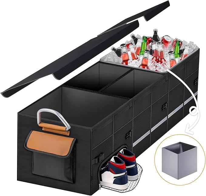 Car Trunk Organizer with Lid and 30L Removable Leakproof Cooler Bag, Compartment for 1 Pair of Shoes, Golf Trunk Organizer for SUV, 1680D Oxford,35.4”×13.7”×11.8”(112L)