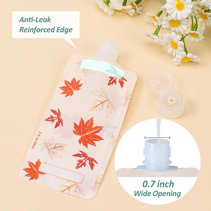 PACKISM 11 Pack Travel Pouches for Toiletries, 3 oz TSA Approved Liquid Containers, Leak Proof Squeeze Bags for Cruise & Camping, Space Saving Refillable Carriers, Active Red Maple Leaf
