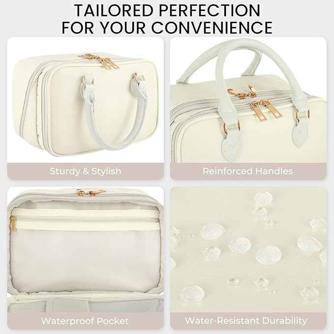 Travel Makeup Bag for Women Fashion Large Capacity Pouch Open Flat Cosmetic Portable Organizer Waterproof Large Opening Storage Toiletry Bags Vertical Free-Standing Brush Holder for Easy Access Beige
