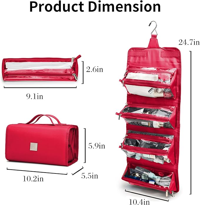 ROYALFAIR Roll Up Makeup Bag, Travel Toiletry Bag for Women with 4 Clear TSA Approved Pouches, Hanging Travel Organizer, Folding Cosmetic Bag for Men and Women