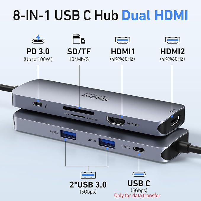USB C Docking Station Dual HDMI Monitor, USB C to Dual HDMI Adapter with 2HDMI Ports, PD Charging, SD/microSD, USB A&C 3.0 Ports, Laptop Docking Station for Dell XPS/HP/Lenovo/Surface/Yoga etc